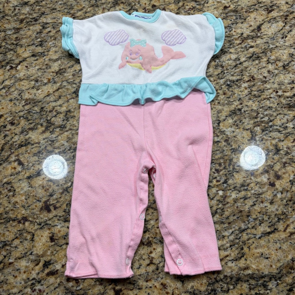 Vintage Color Track Doe-Spun Baby Girl Whale Coverall Pink White Mint 6-9 Months